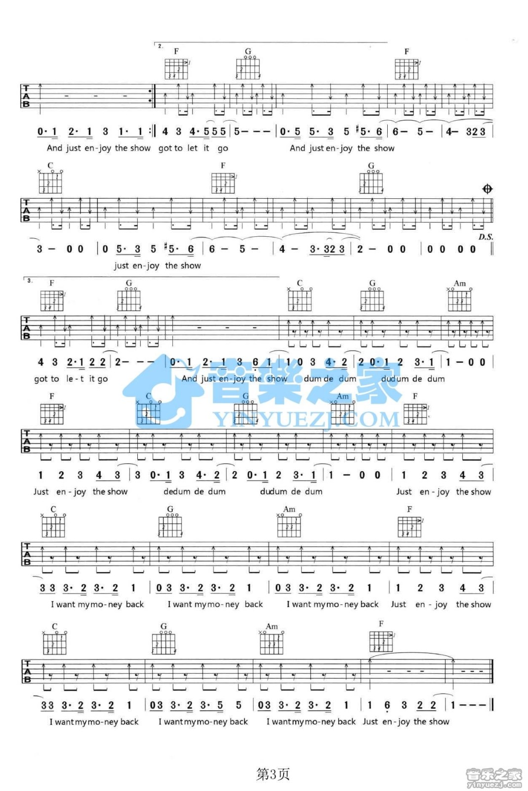 Lenka The Show吉他谱C调 音乐之家弹唱六线谱