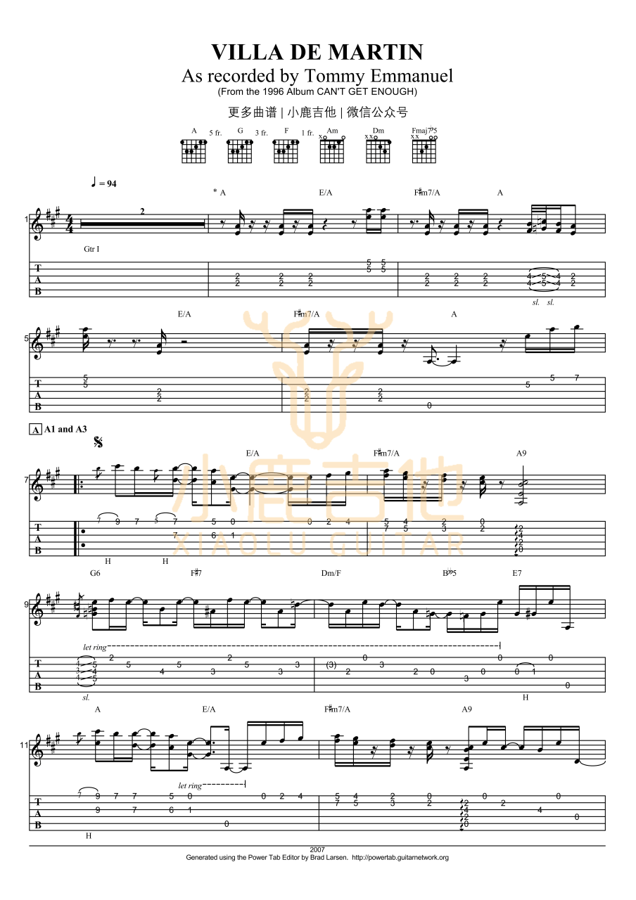 Tommy Emmanuel Villa de Martin吉他谱 指弹六线谱