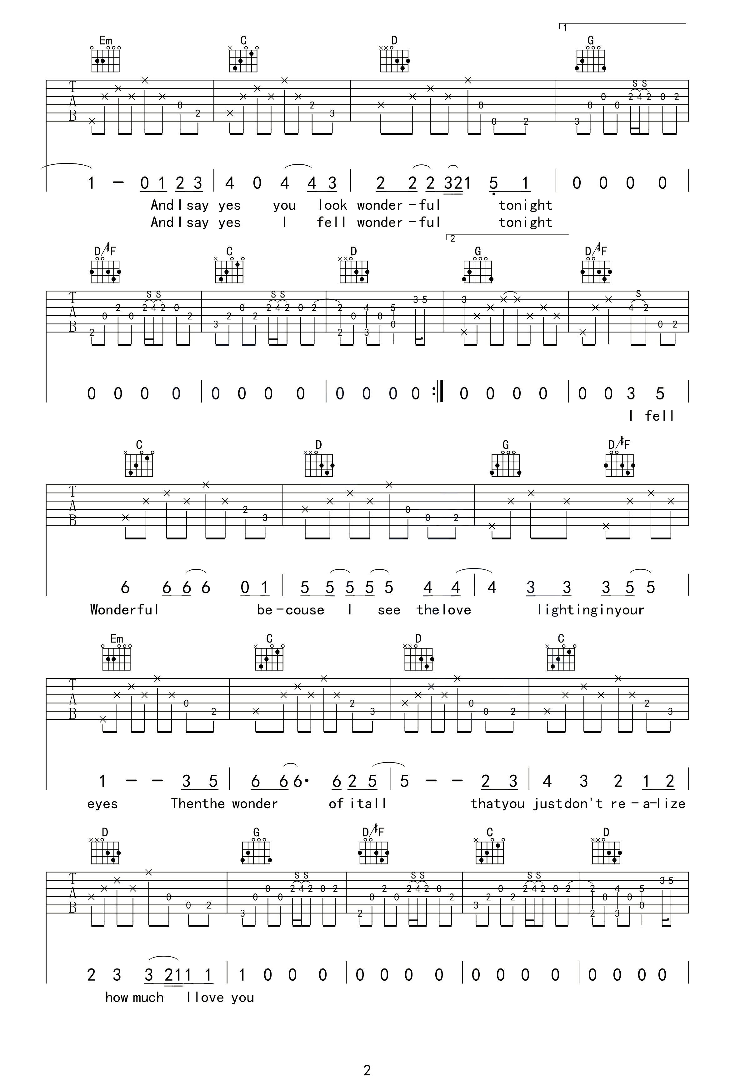 Eric Clapton Wonderful Tonight吉他谱G调 弹唱六线谱