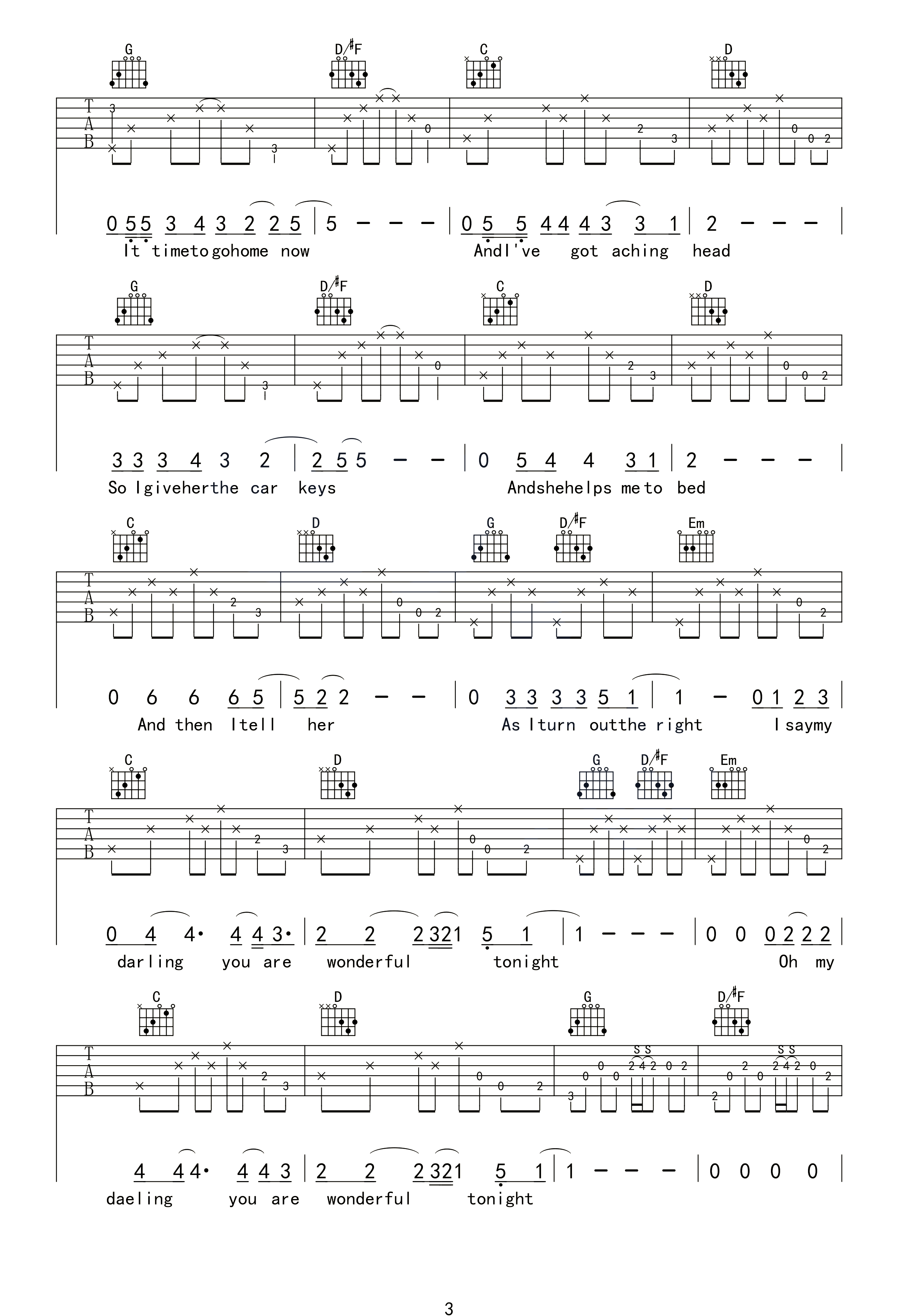 Eric Clapton Wonderful Tonight吉他谱G调 弹唱六线谱