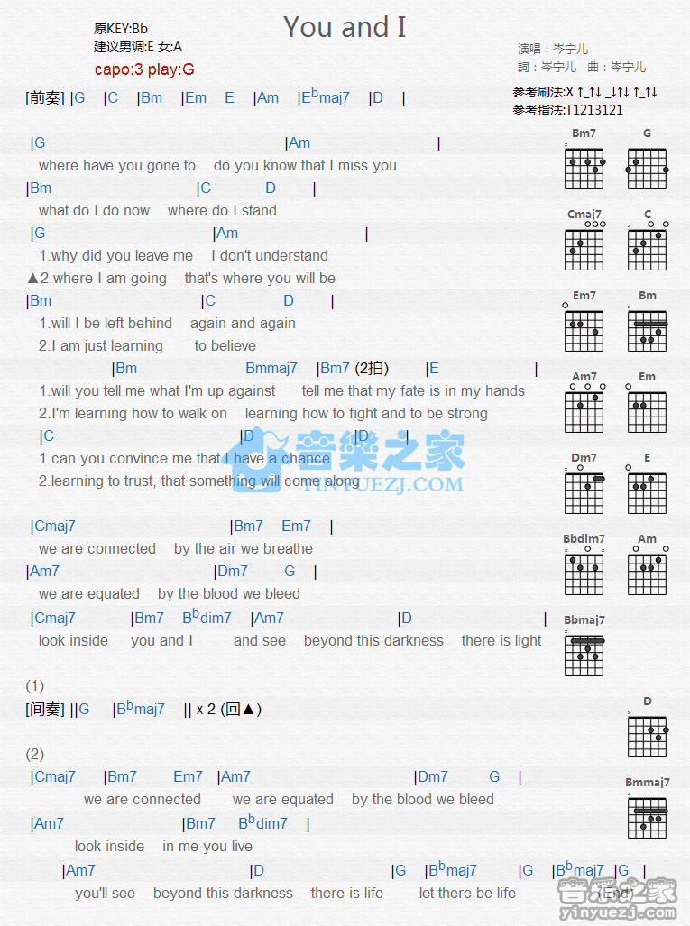 岑宁儿 You and I吉他谱G调 音乐之家弹唱六线谱