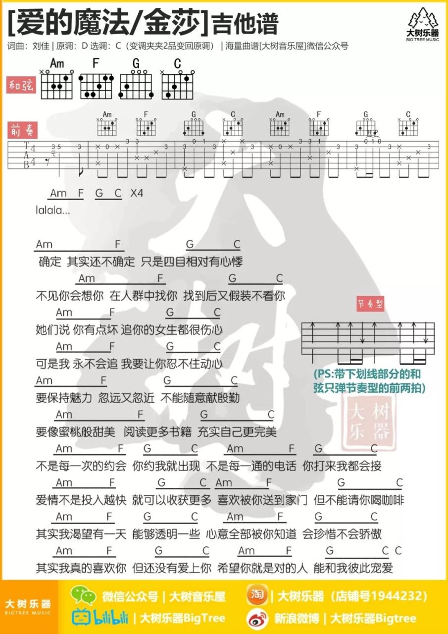金莎 爱的魔法吉他谱C调 弹唱六线谱