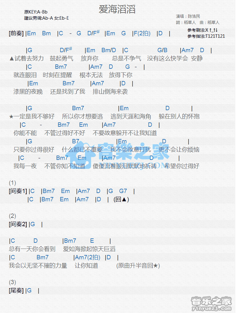 陈浩民 爱海滔滔吉他谱 弹唱六线谱