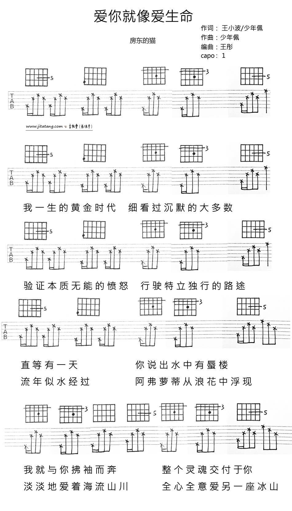 房东的猫 爱你就像爱生命吉他谱