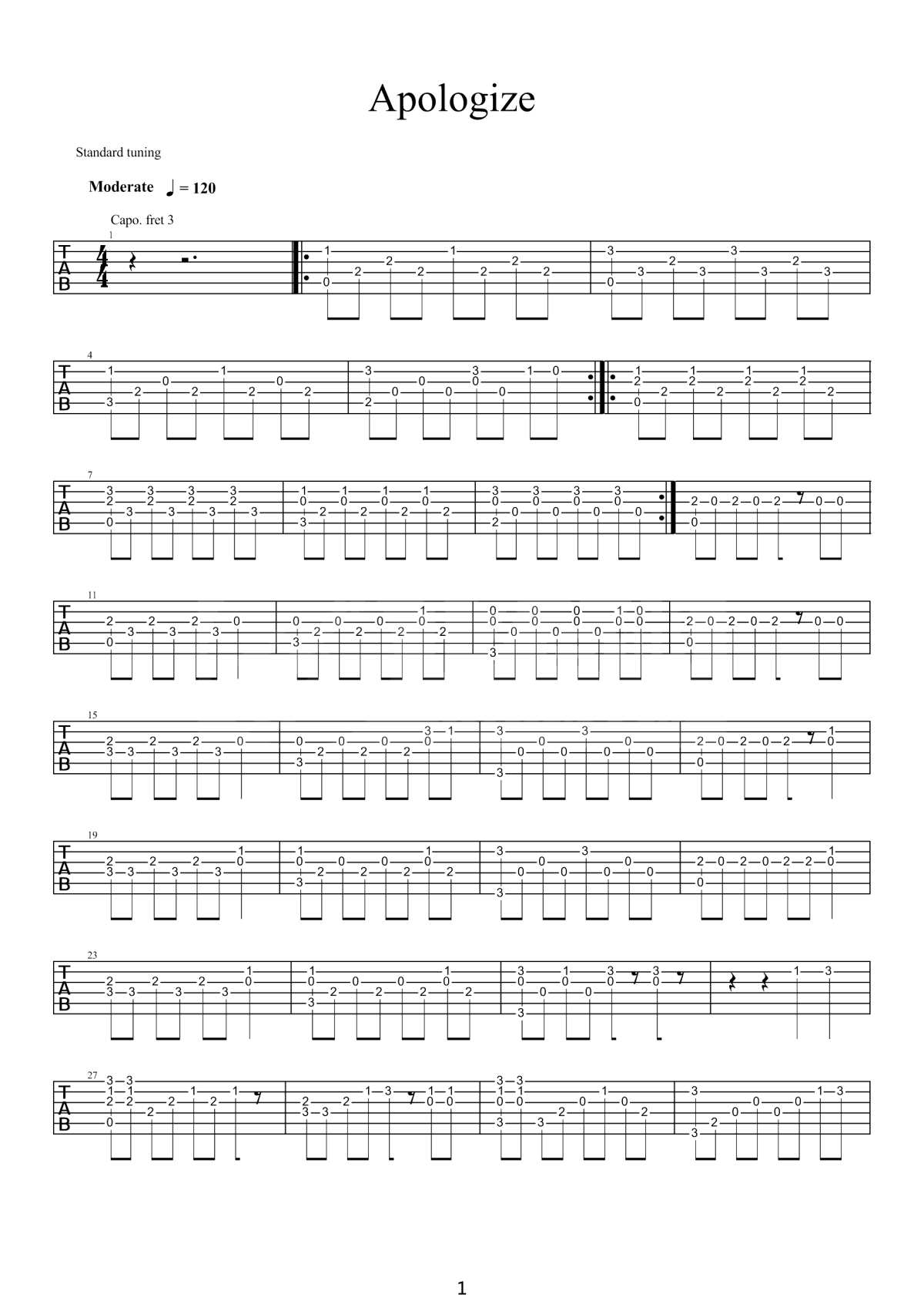 standard tuning apologize吉他谱 指弹六线谱