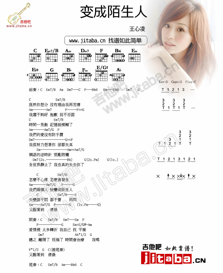 王心凌 变成陌生人吉他谱C调 吉他吧弹唱六线谱