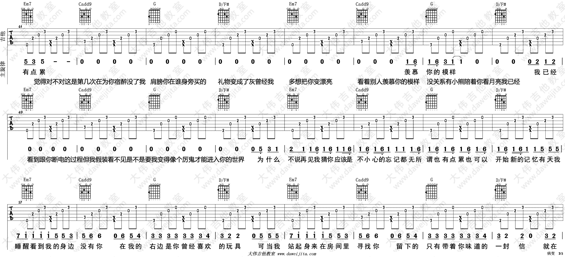 Bigbang 病变吉他谱G调 大伟吉他教室弹唱六线谱