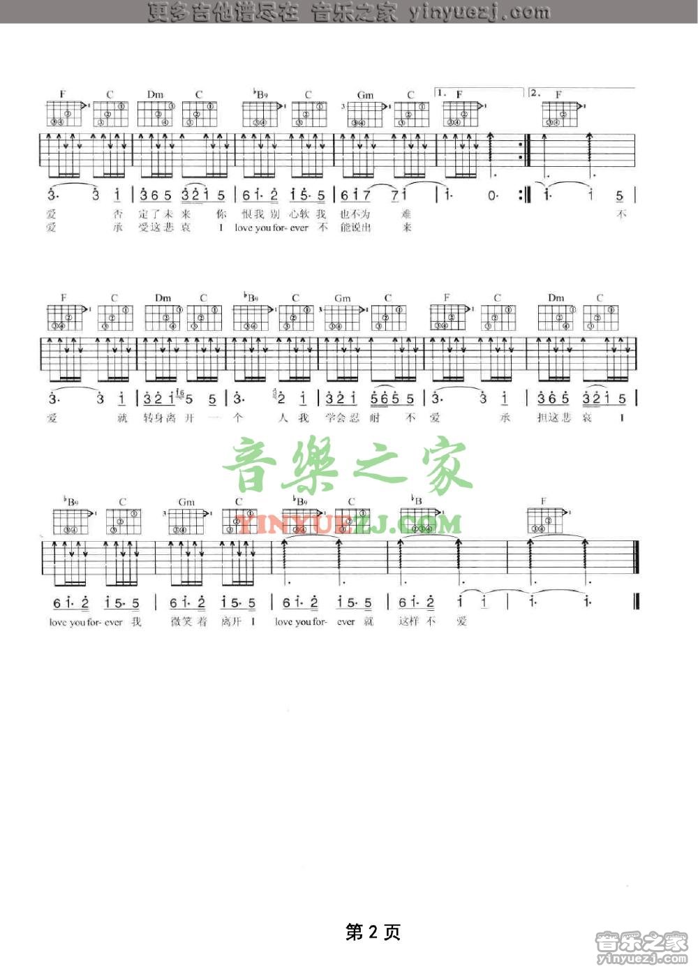 陶喆 不爱吉他谱F调 音乐之家弹唱六线谱
