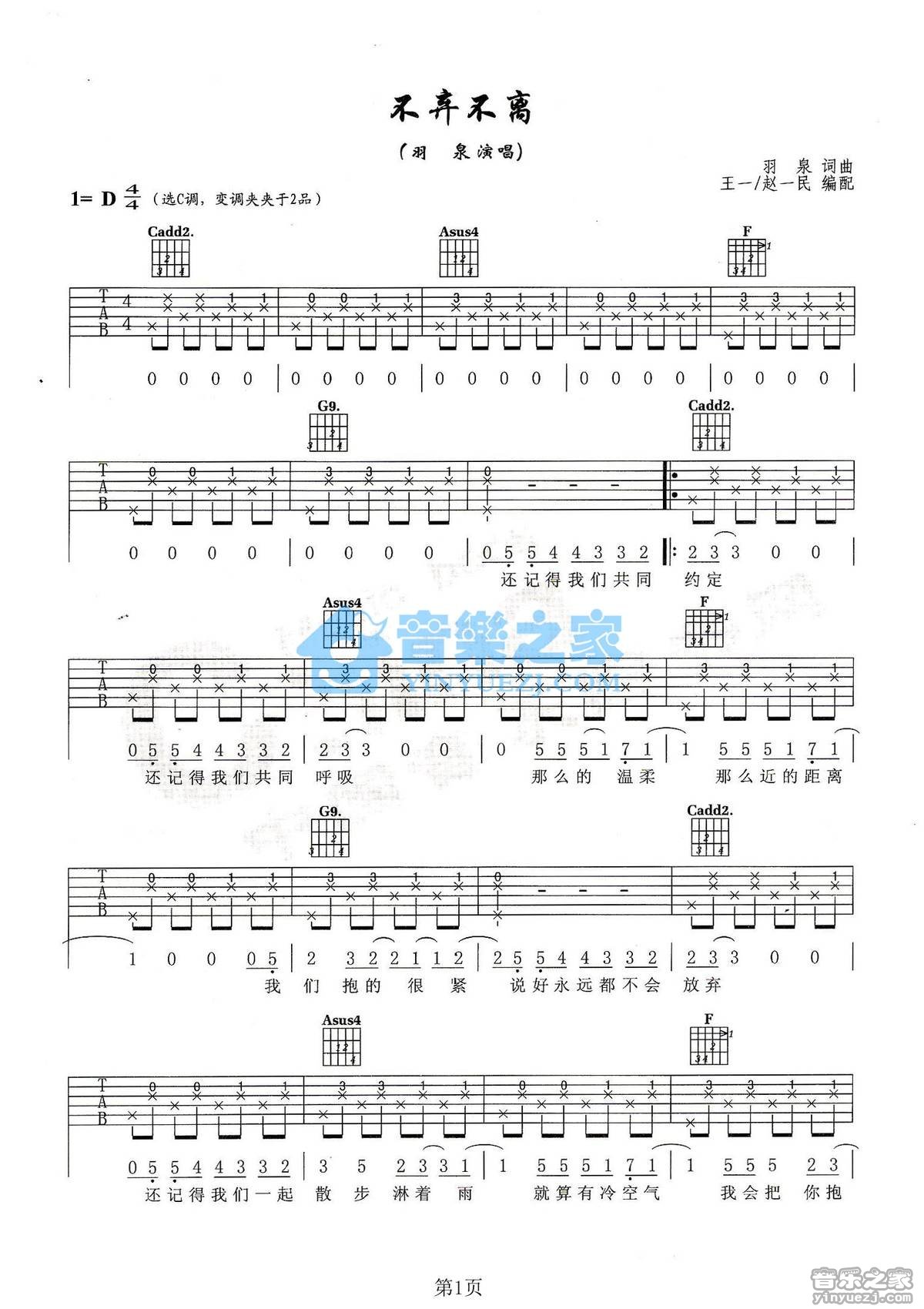 羽泉 不离不弃吉他谱D调 音乐之家弹唱六线谱