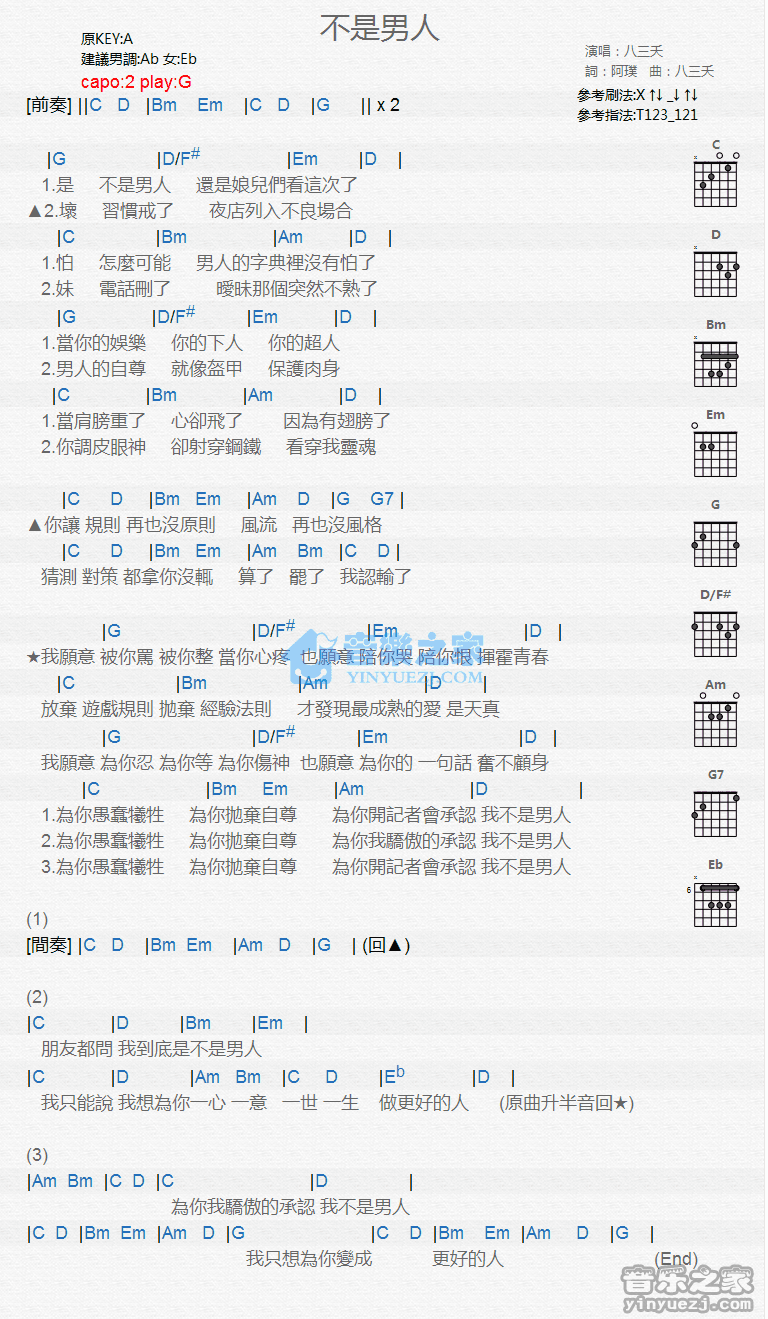 八三夭 不是男人吉他谱G调 音乐之家弹唱六线谱