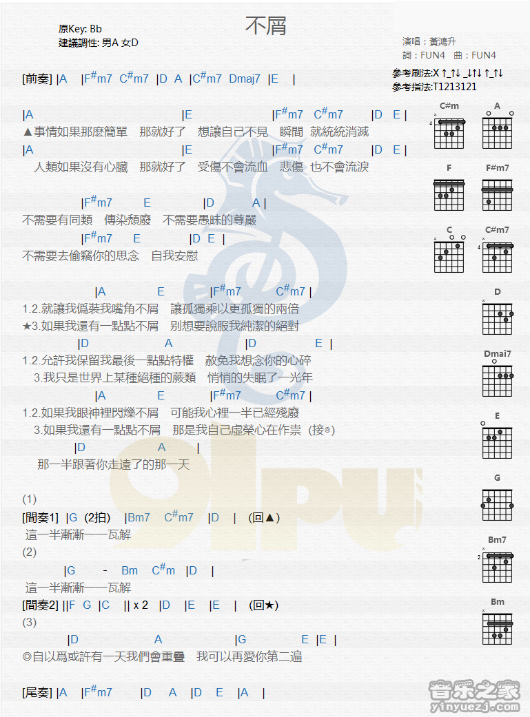 黄鸿升 不屑吉他谱B调 音乐之家弹唱六线谱