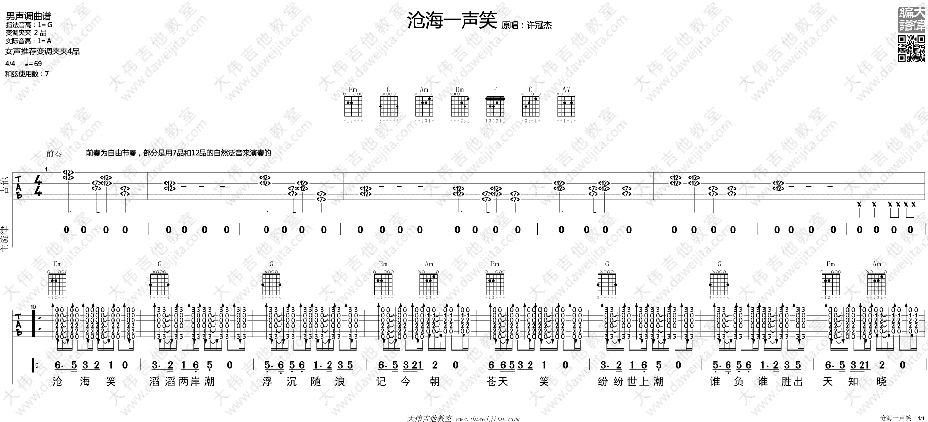 许冠杰 沧海一声笑吉他谱G调 大伟吉他教室弹唱六线谱