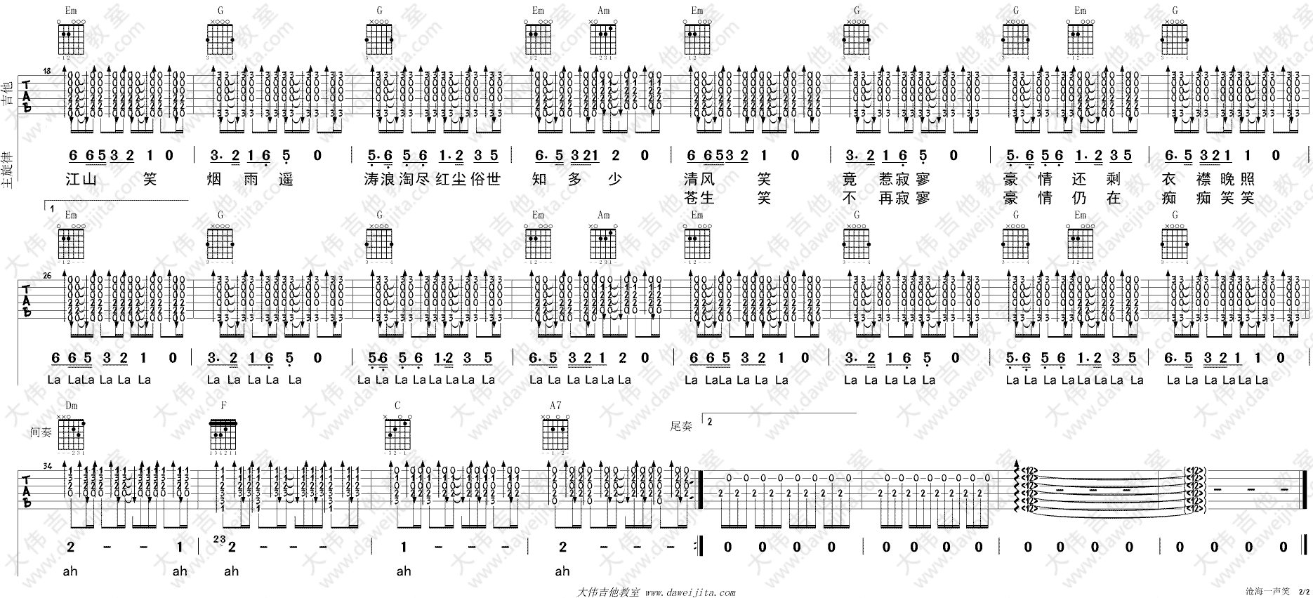 许冠杰 沧海一声笑吉他谱G调 大伟吉他教室弹唱六线谱