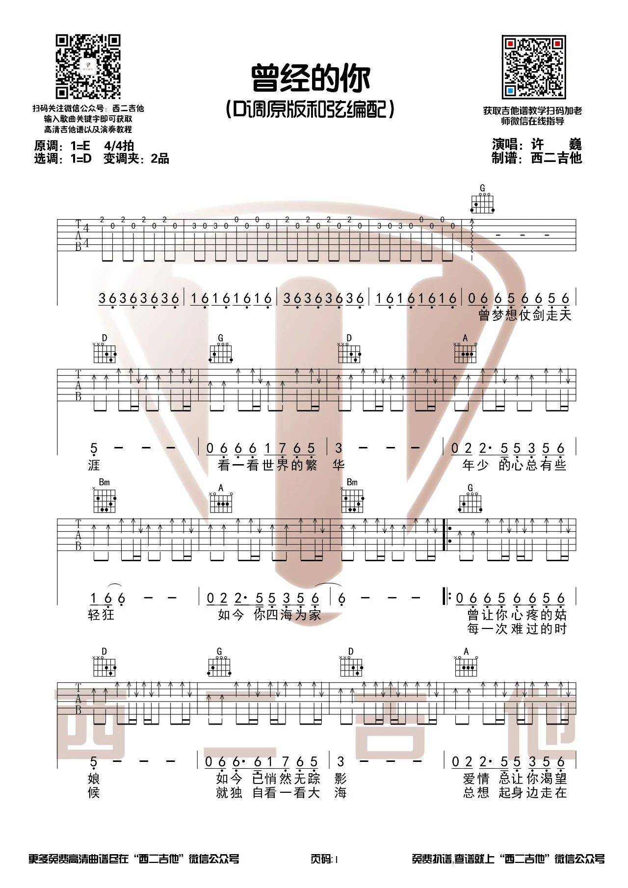 许巍 曾经的你吉他谱D调 西二吉他弹唱六线谱