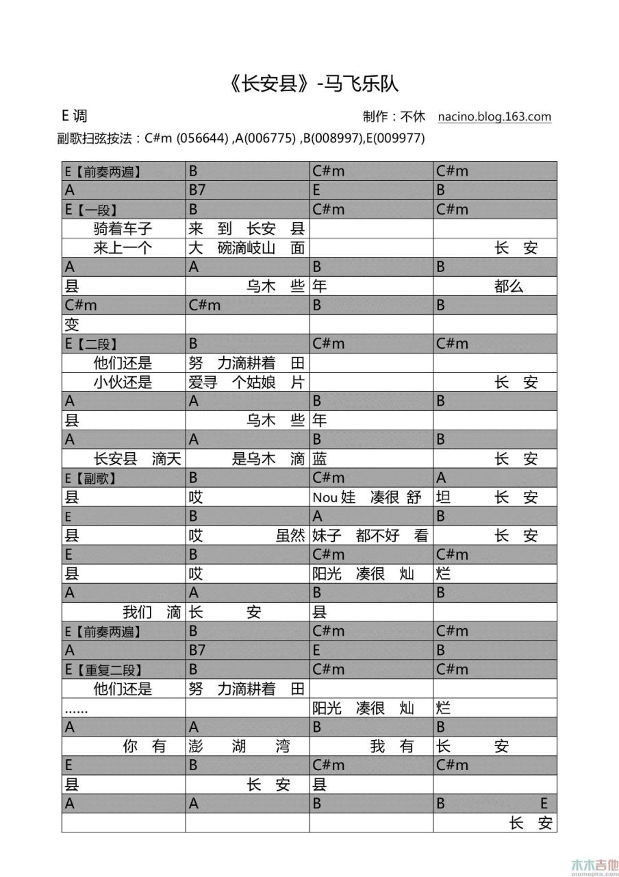 马飞乐队 长安县吉他谱E调 弹唱六线谱
