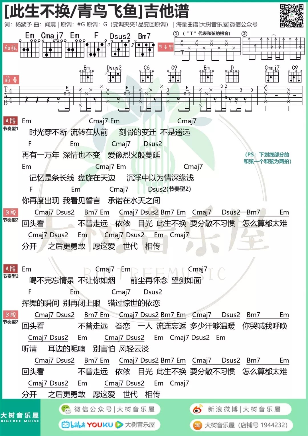 青鸟飞鱼 此生不换吉他谱G调 大树音乐屋弹唱六线谱