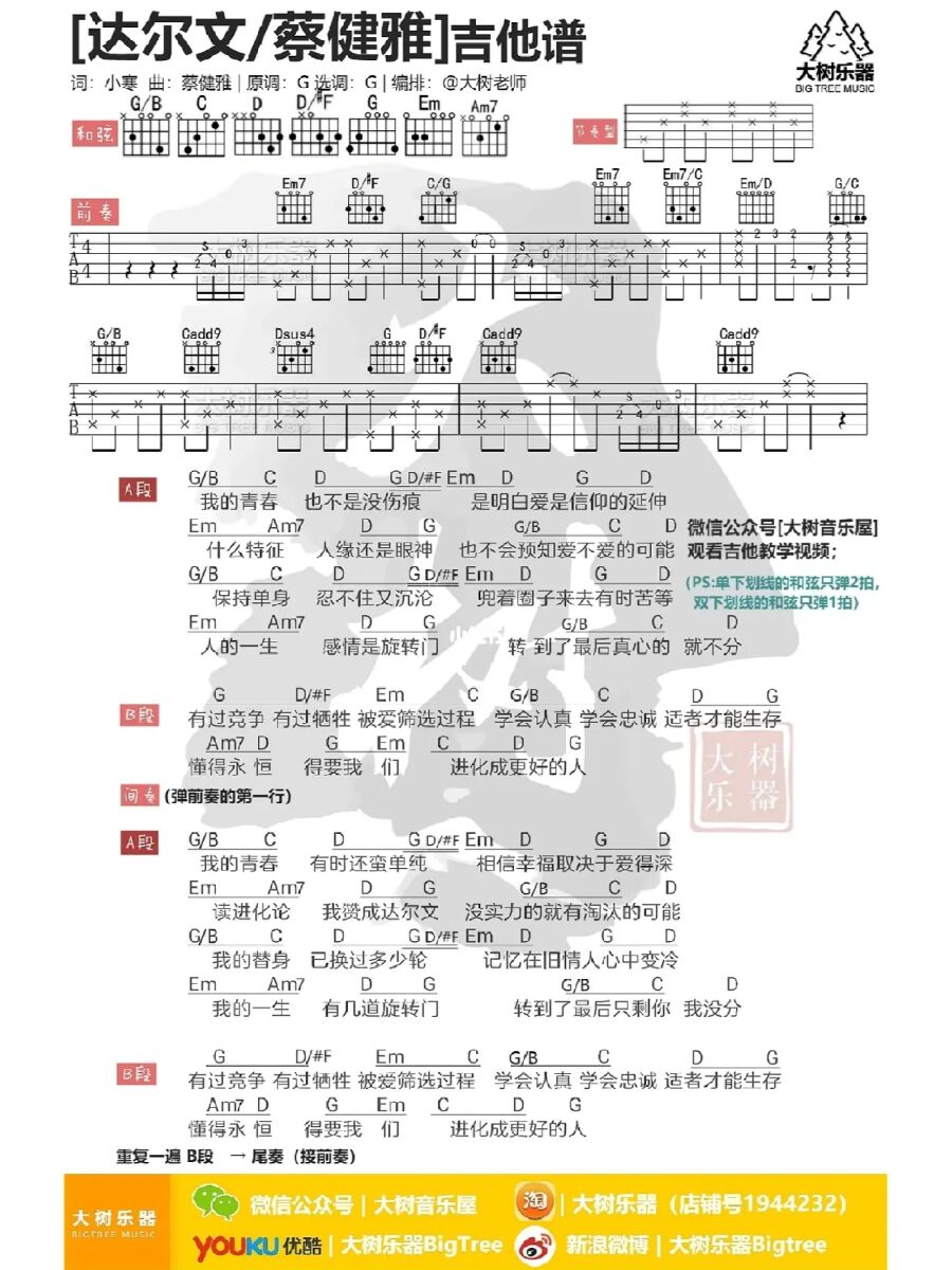 蔡健雅 达尔文吉他谱G调 弹唱六线谱