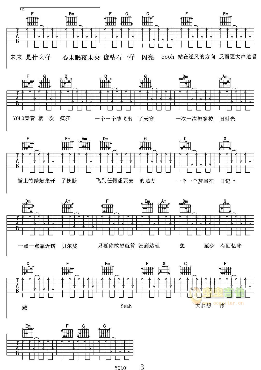 TFBOYS 大梦想家吉他谱C调 虫虫吉他弹唱六线谱