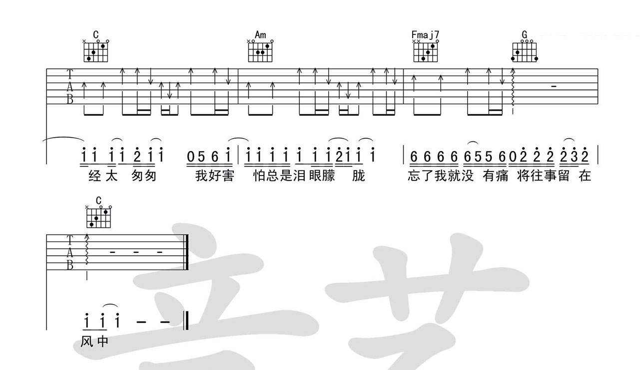 张国荣 当爱已成往事吉他谱C调 音艺吉他弹唱六线谱