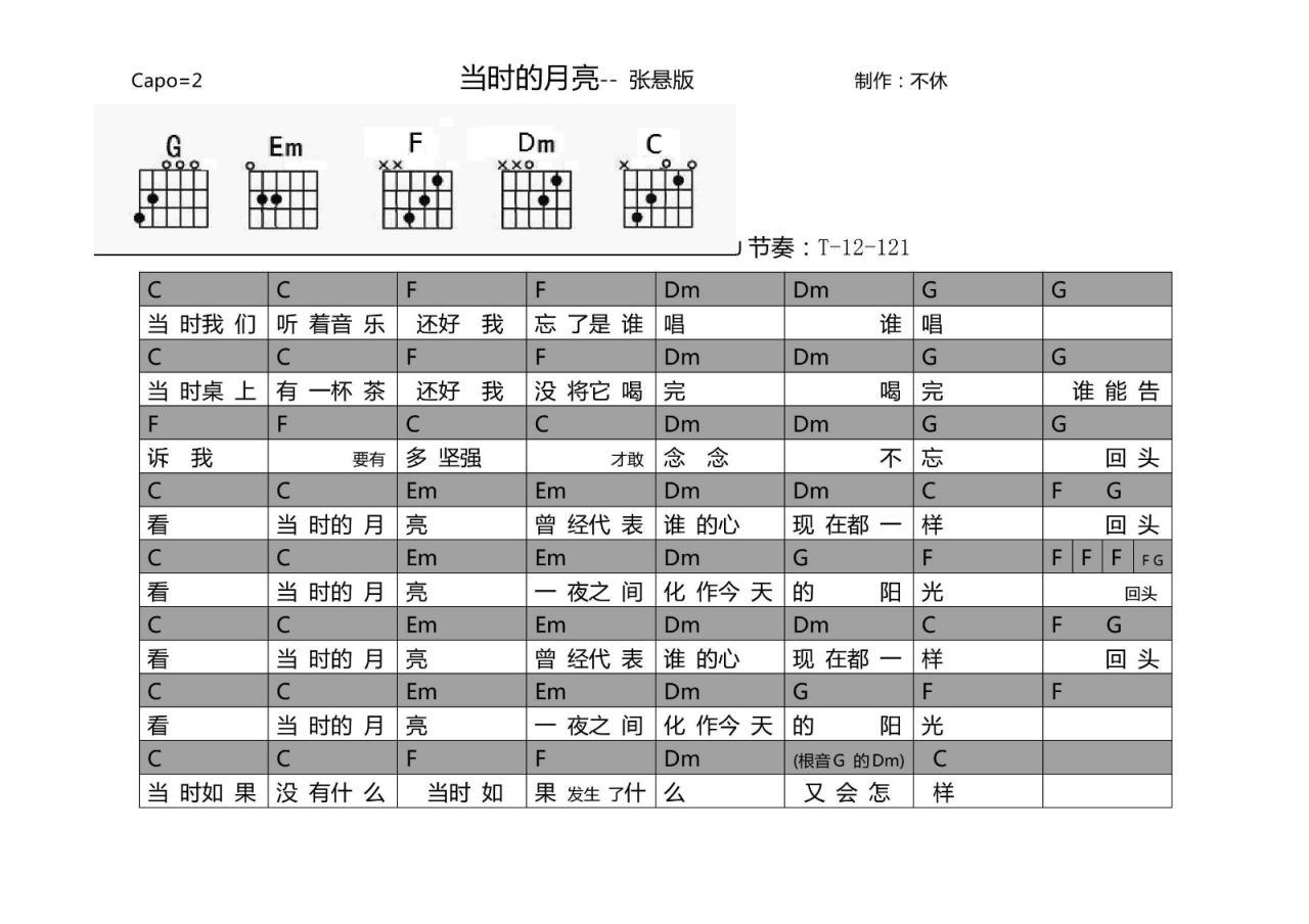 张悬 当时的月亮吉他谱G调 弹唱六线谱