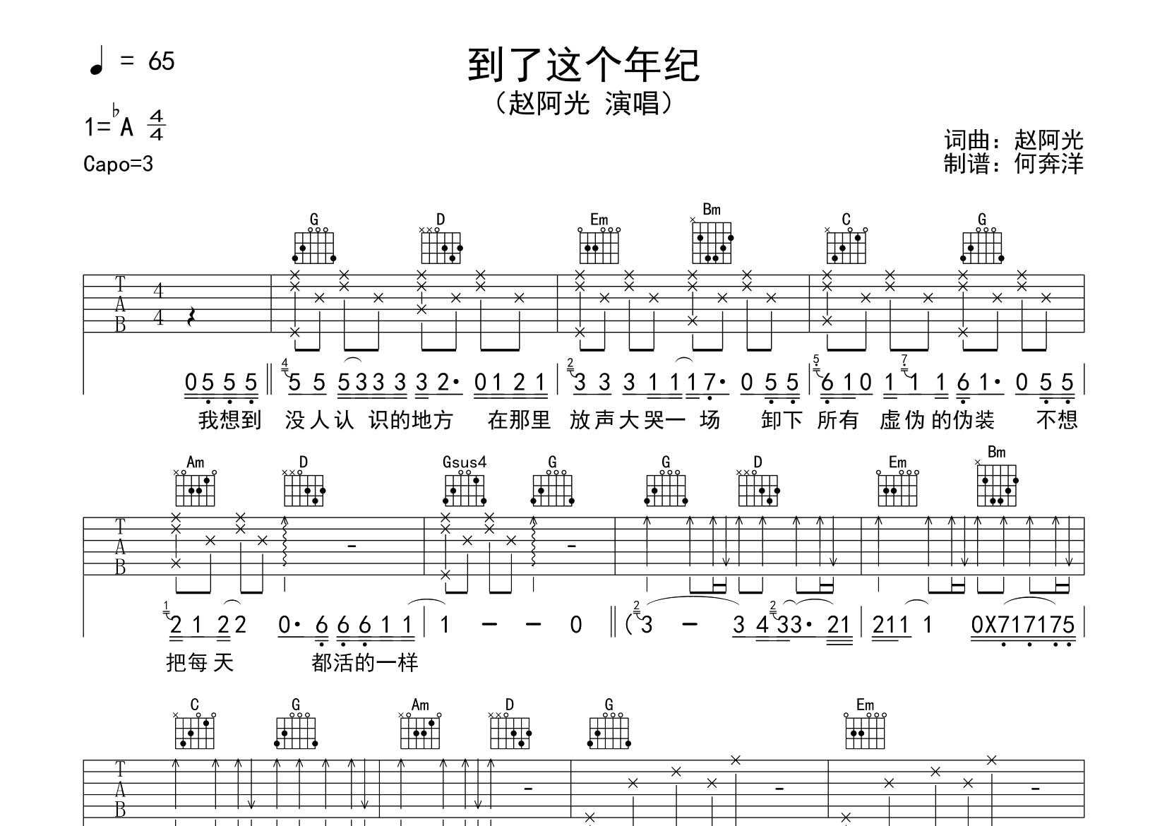 赵阿光 到了这个年纪吉他谱G调 飞韵吉他弹唱六线谱