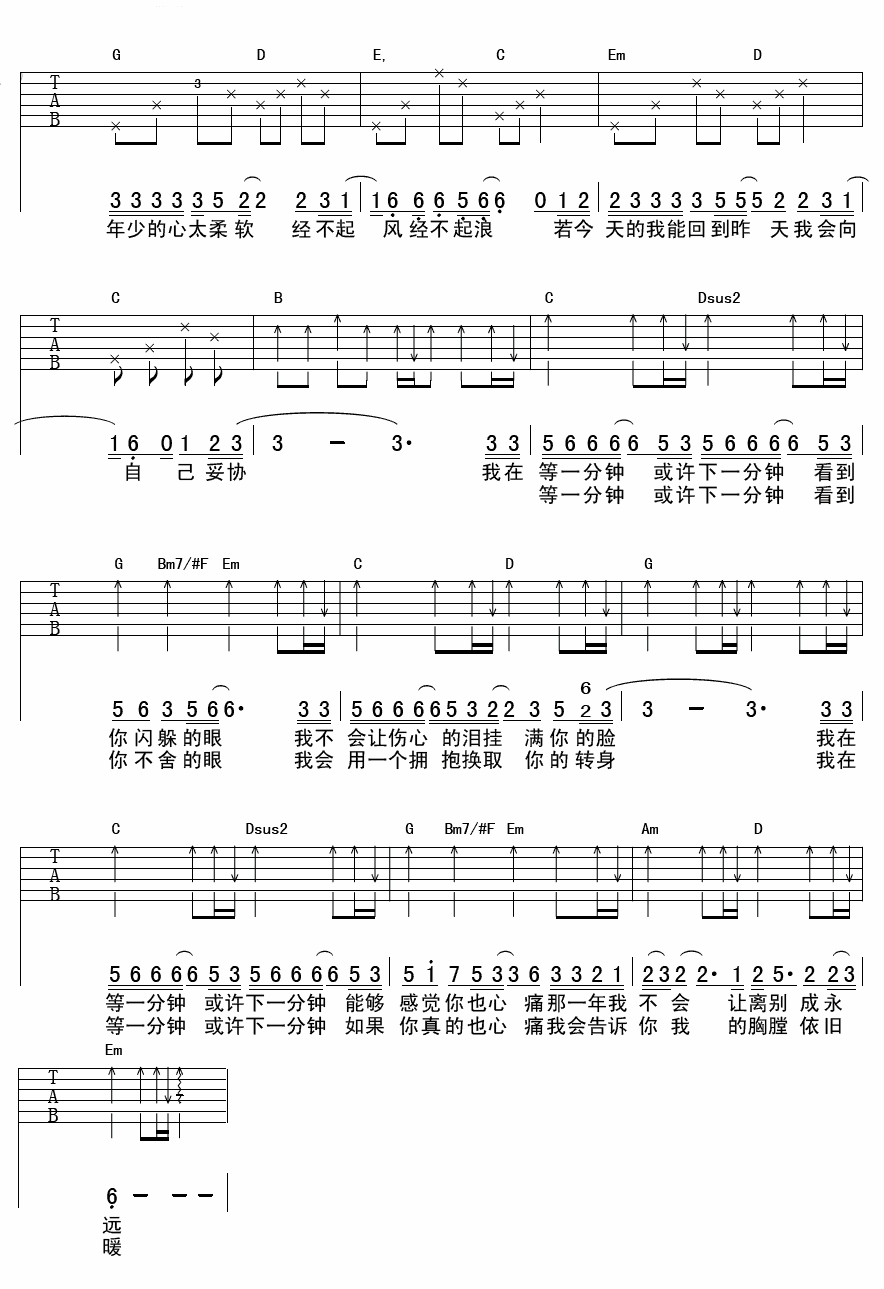 徐誉滕 等一分钟吉他谱G调 延麟弹唱六线谱