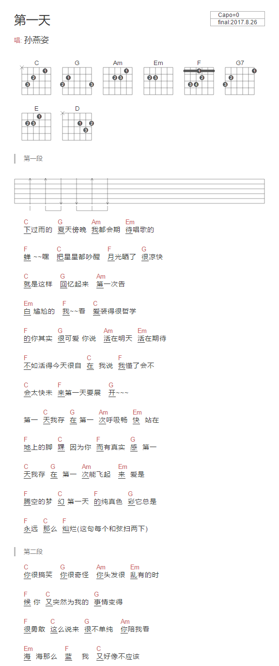 孙燕姿 第一天吉他谱C调 弹唱六线谱