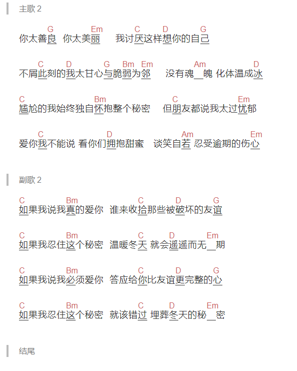 周传雄 冬天的秘密吉他谱C调 弹唱六线谱