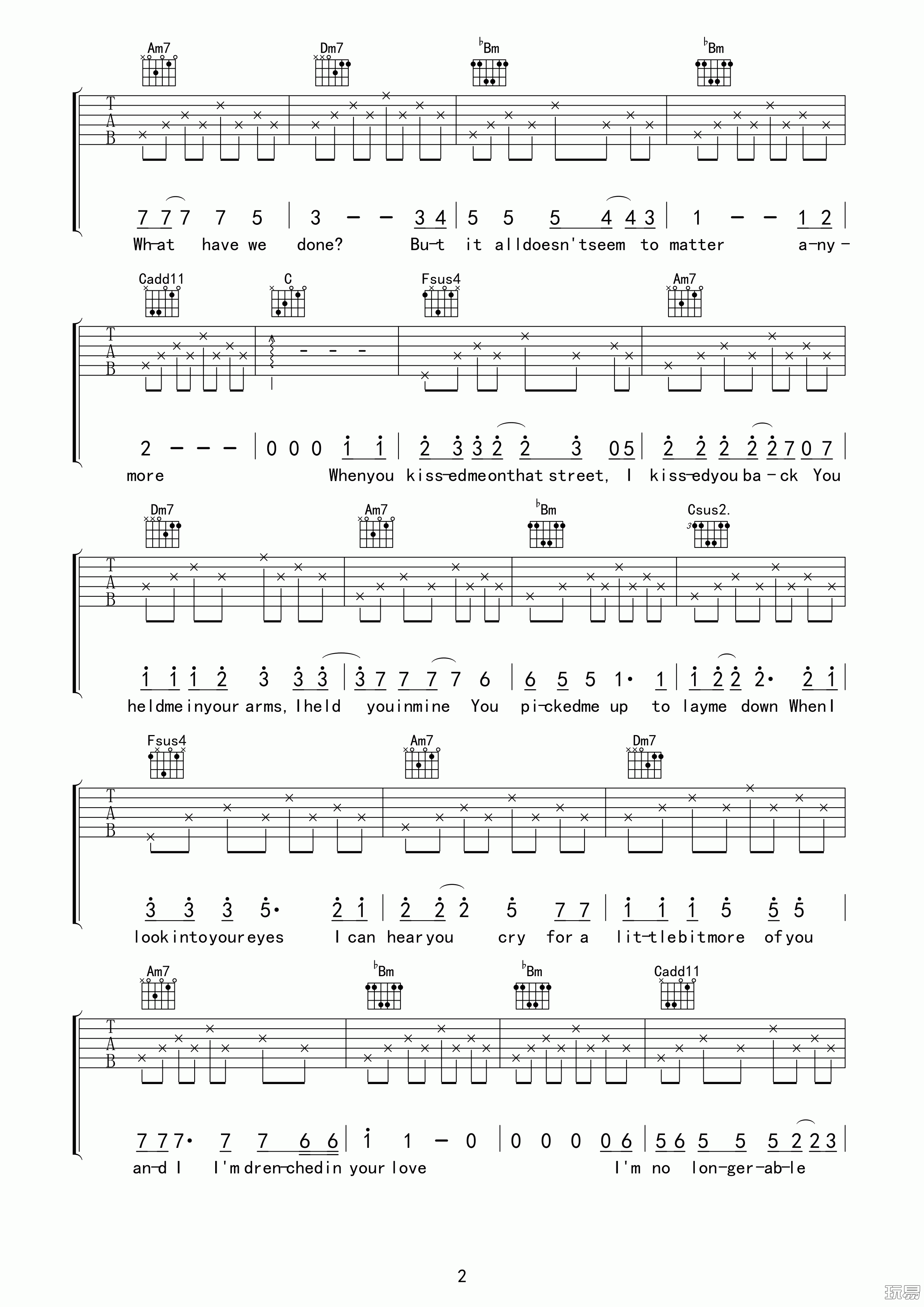 曲婉婷 drenched吉他谱F调 玩易吉他弹唱六线谱