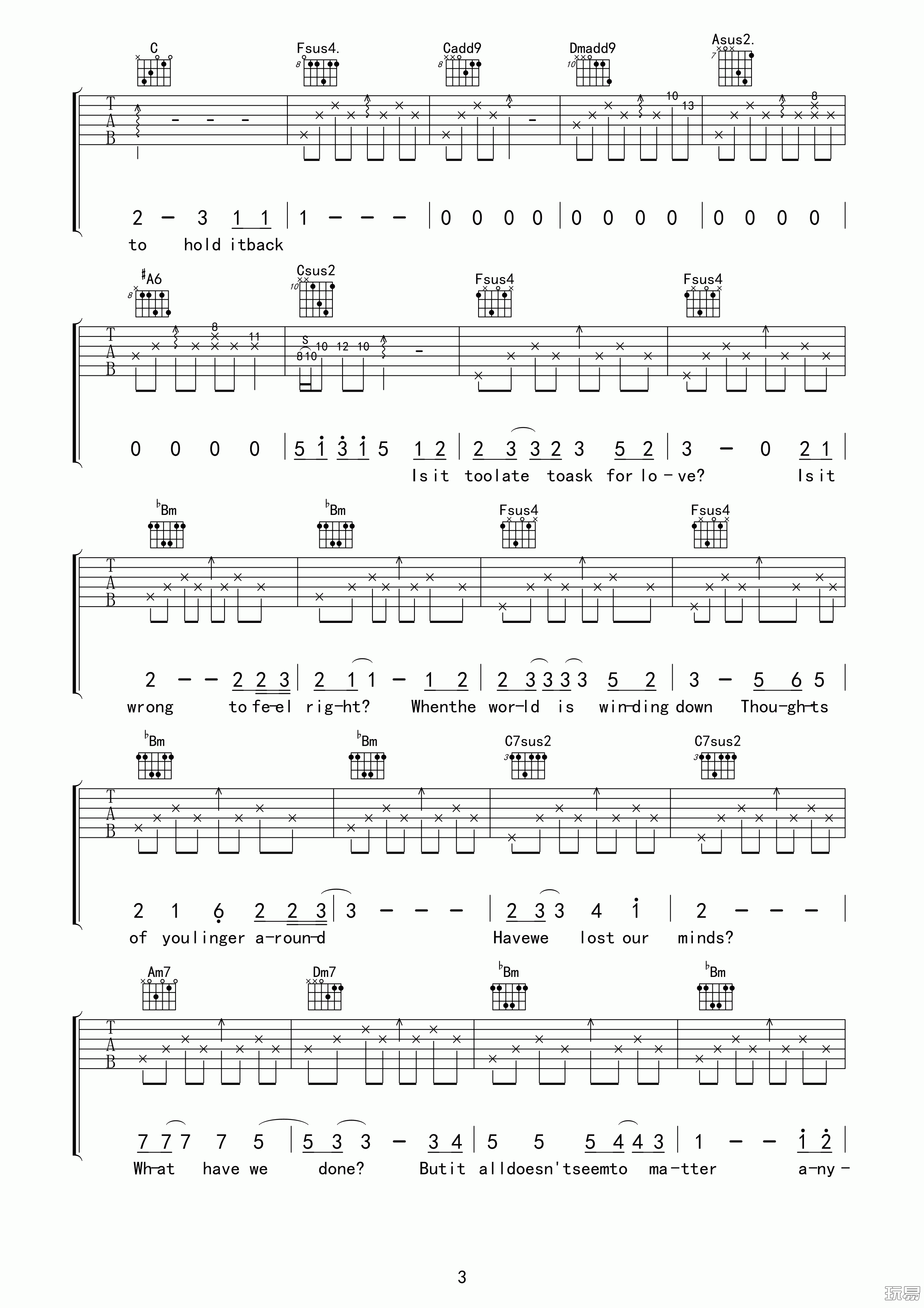 曲婉婷 drenched吉他谱F调 玩易吉他弹唱六线谱