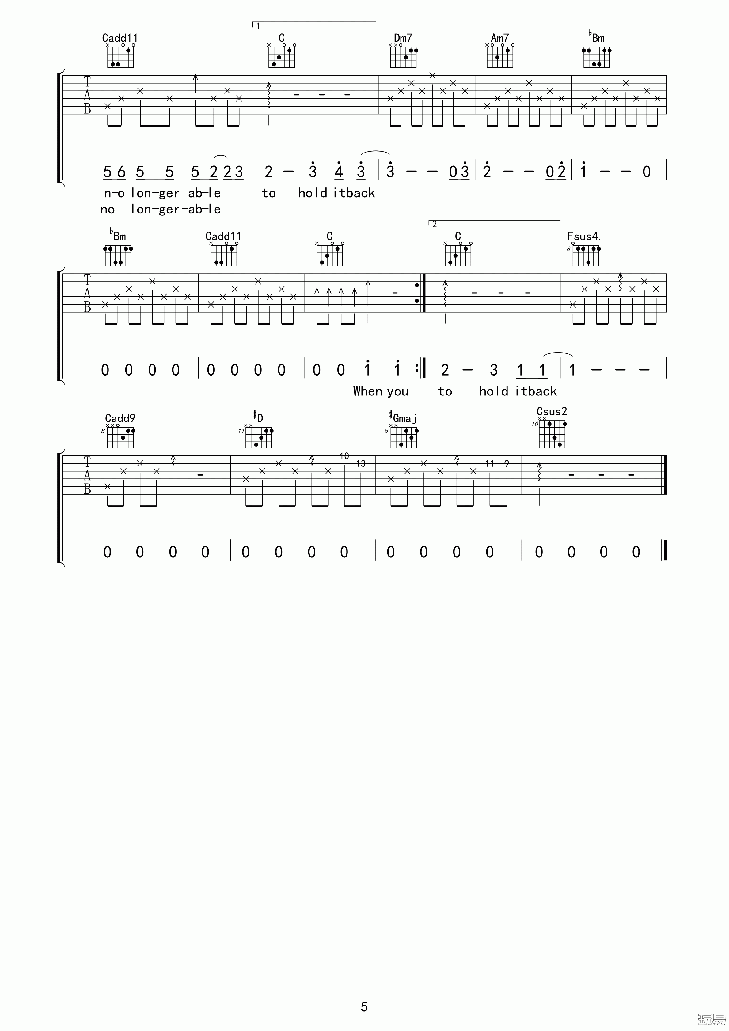 曲婉婷 drenched吉他谱F调 玩易吉他弹唱六线谱