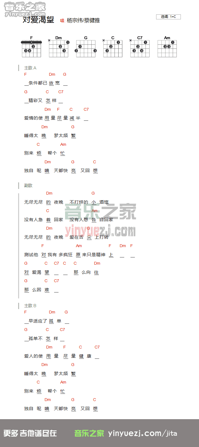 杨宗纬 对爱渴望吉他谱C调 音乐之家弹唱六线谱