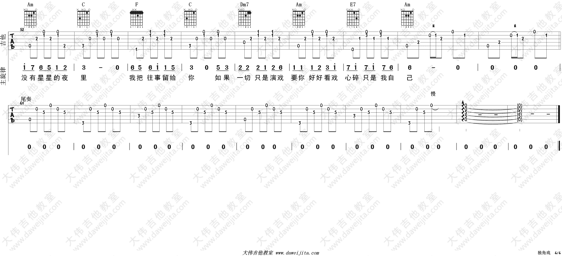 许茹芸 独角戏吉他谱 指弹六线谱