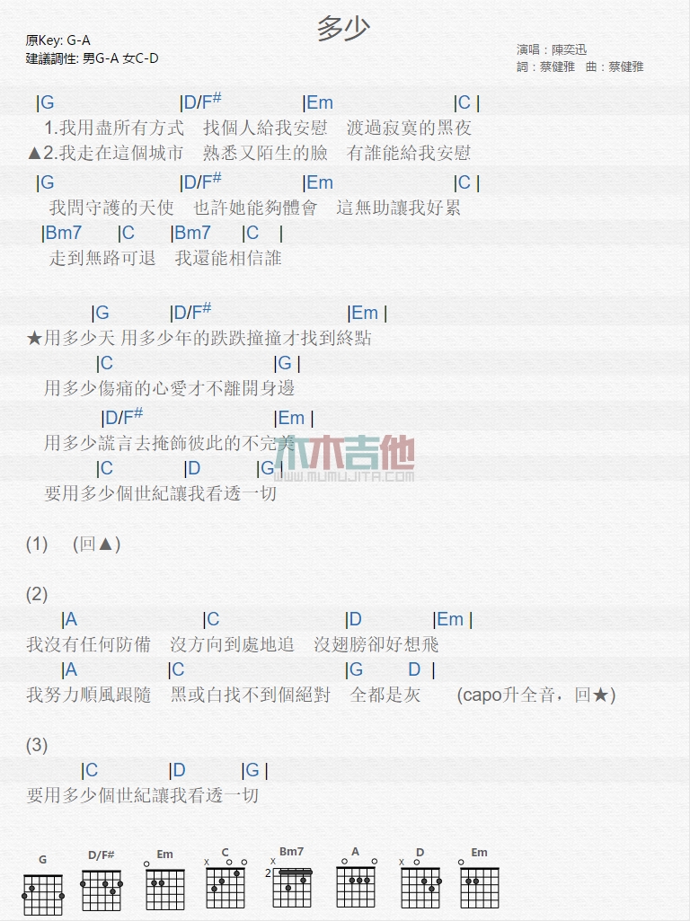 陈奕迅 多少吉他谱G调 木木吉他弹唱六线谱