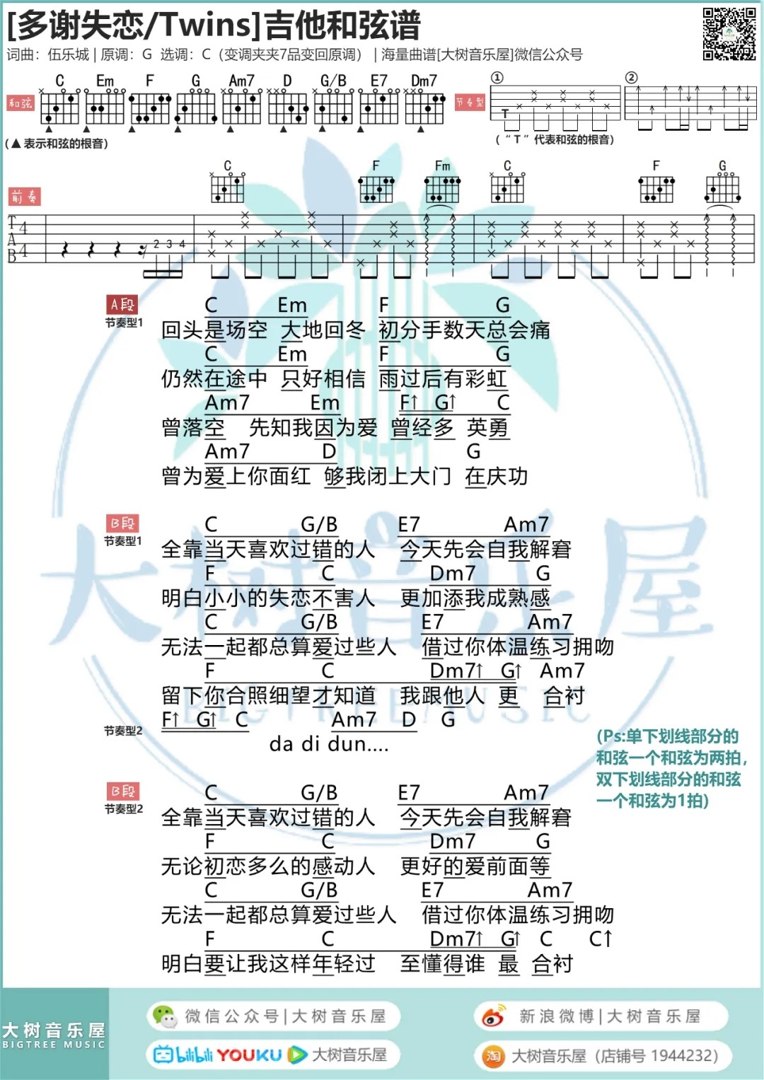 Twins 多谢失恋吉他谱C调 大树音乐屋弹唱六线谱