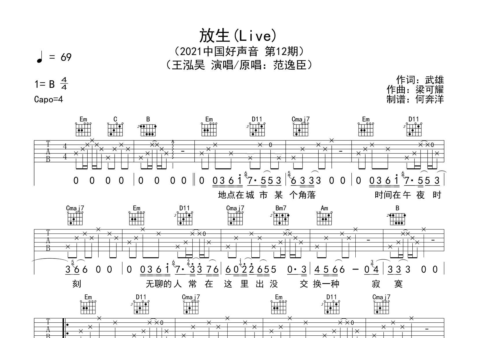 王泓昊 放生吉他谱G调 飞韵吉他弹唱六线谱