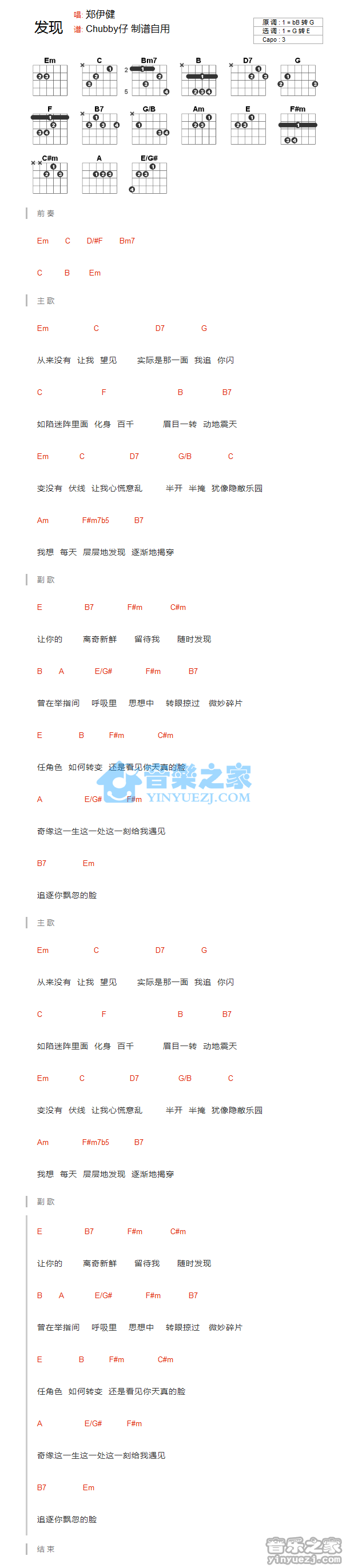 郑伊健 发现吉他谱G调 音乐之家弹唱六线谱