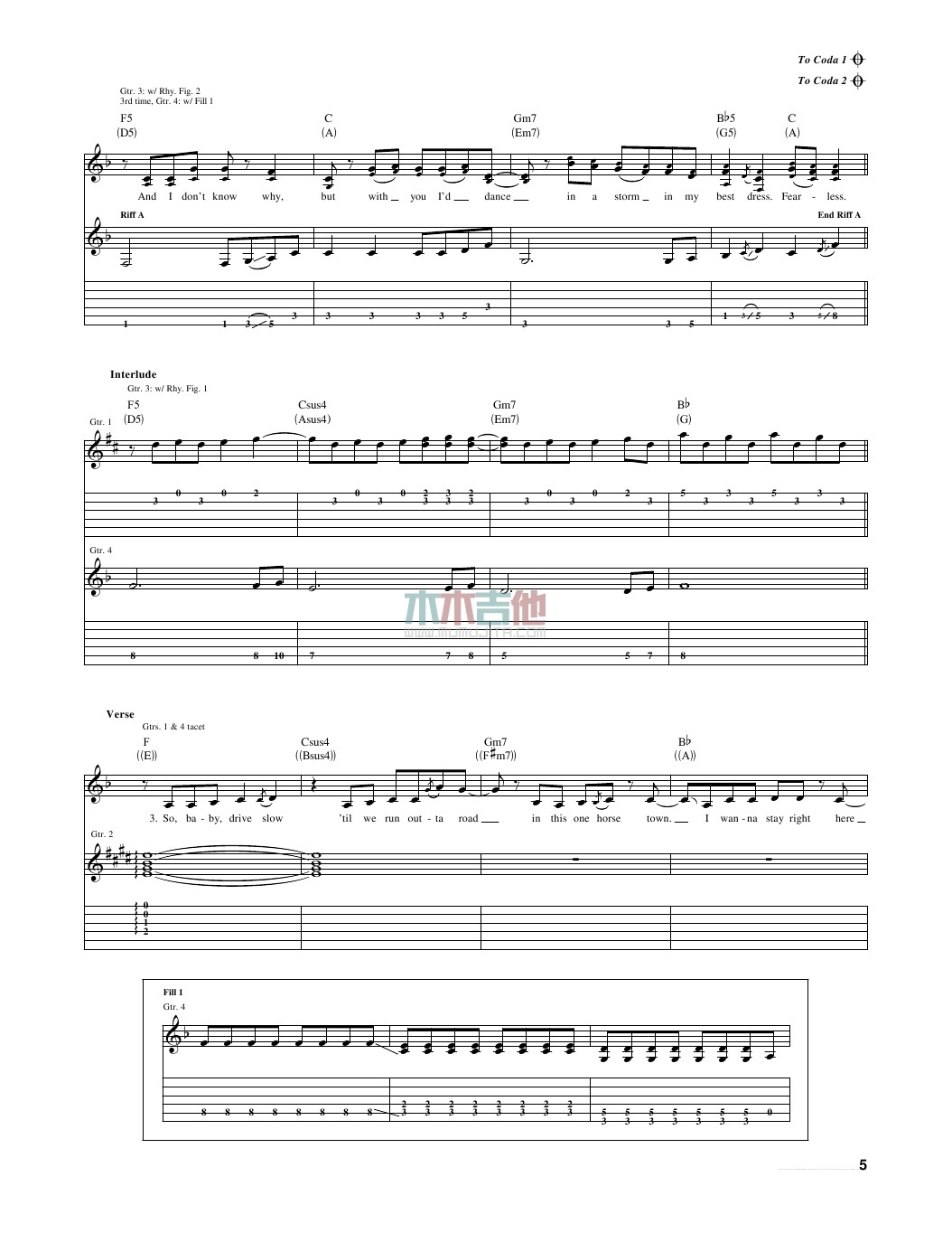 Taylor Swift fearless吉他谱A调 木木吉他弹唱六线谱