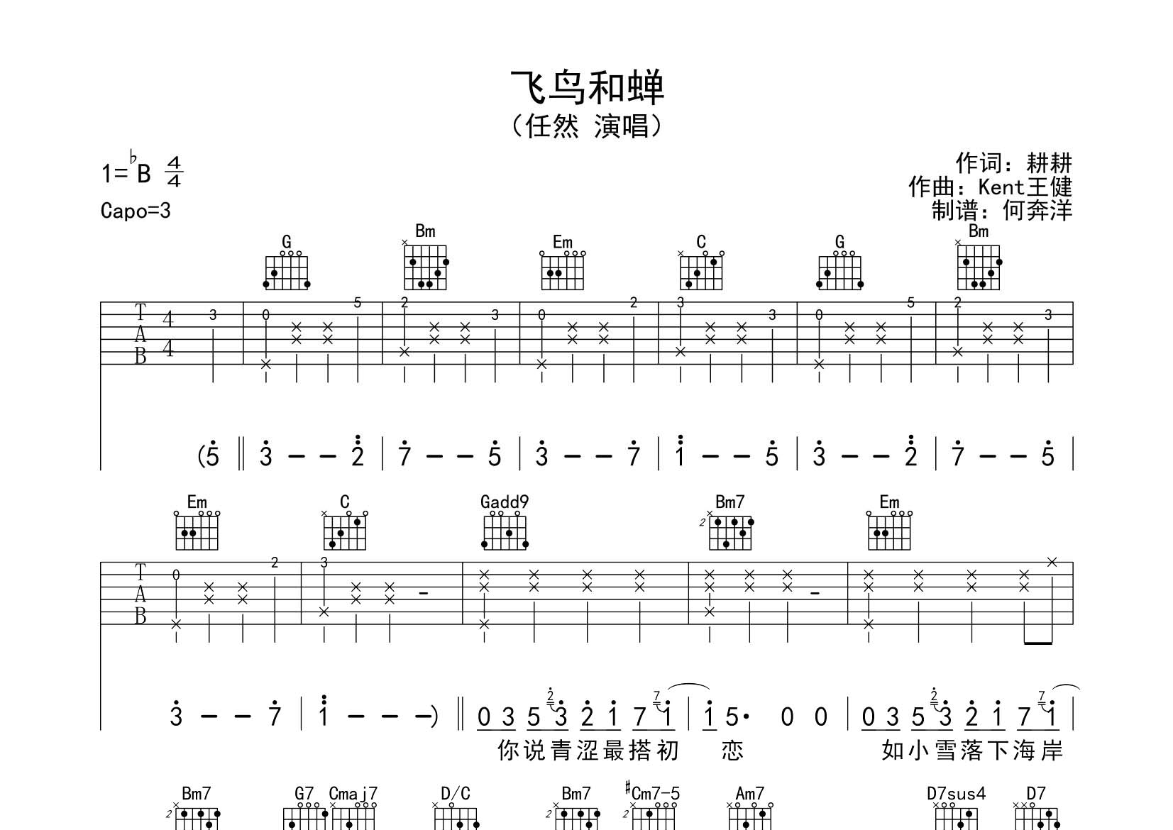 任然 飞鸟和蝉吉他谱G调 飞韵吉他弹唱六线谱