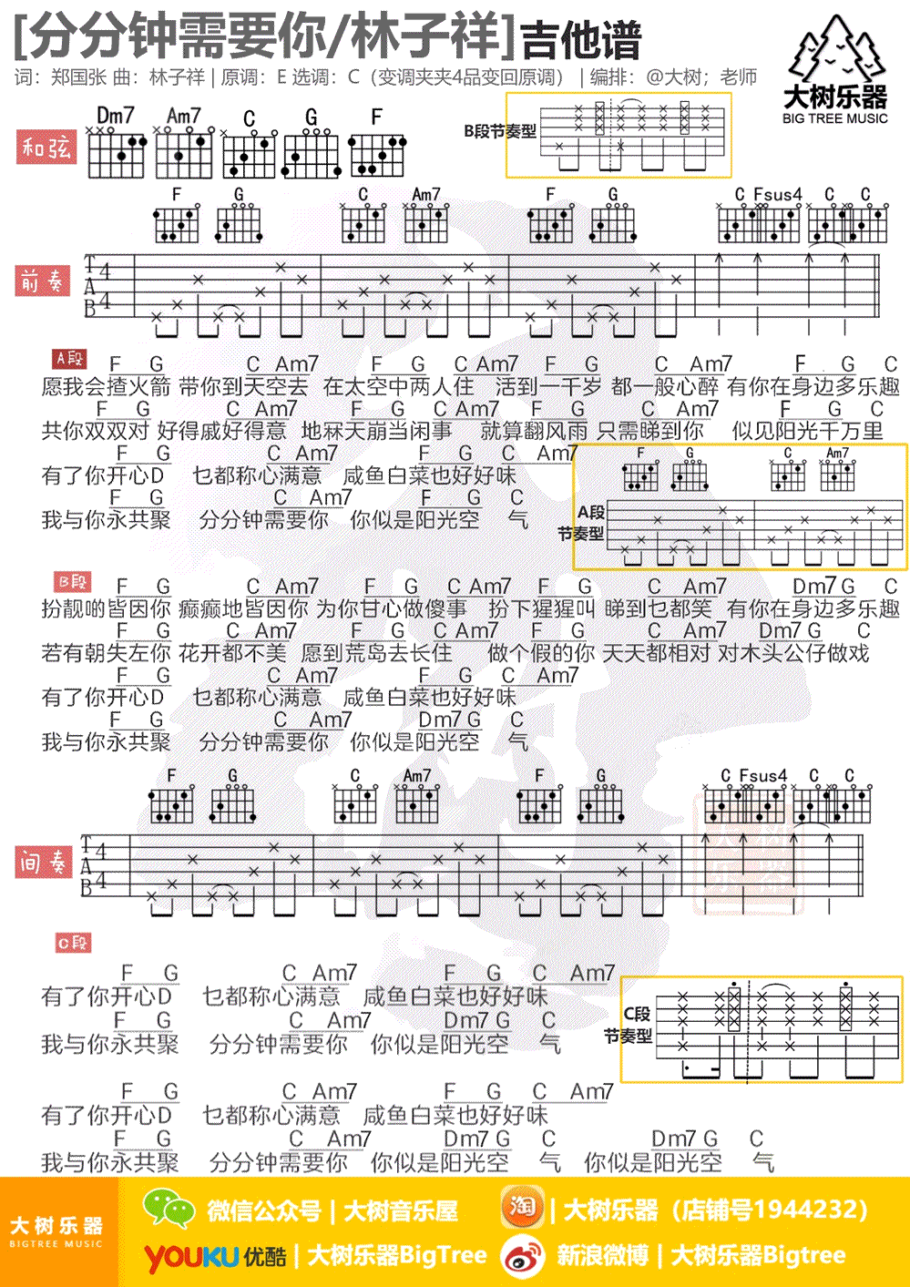 林子祥 分分需要你吉他谱C调 大树乐器弹唱六线谱