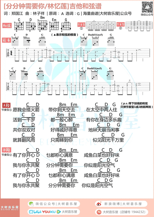 林忆莲 分分钟需要你吉他谱 大树音乐屋弹唱六线谱