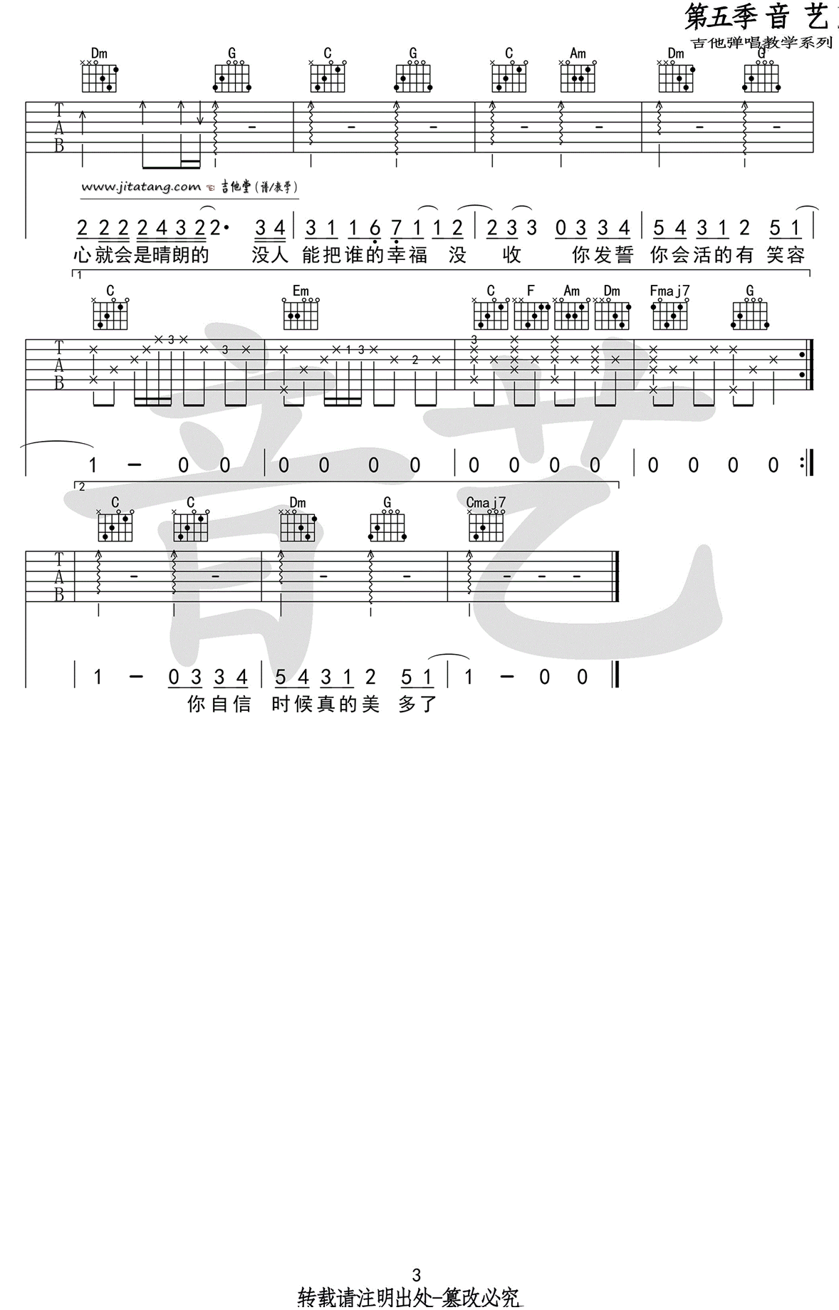 梁静茹 分手快乐吉他谱C调 音艺吉他弹唱六线谱