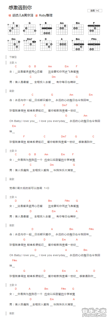 胡杏儿 感激遇到你吉他谱C调 弹唱六线谱