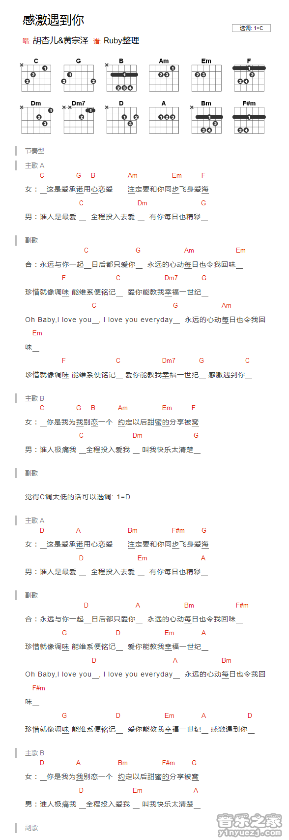 胡杏儿 感激遇到你吉他谱C调 音乐之家弹唱六线谱