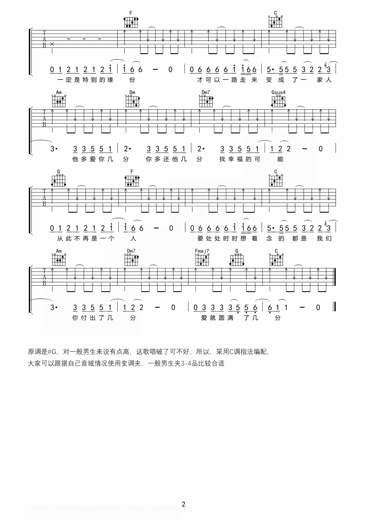 张宇 给你们吉他谱C调 弹唱六线谱