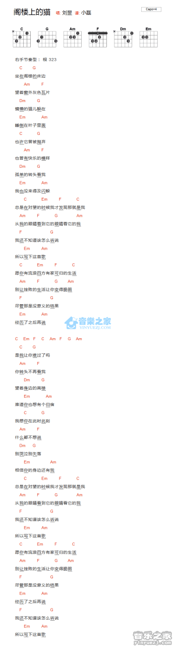 刘昰 阁楼上的猫吉他谱C调 弹唱六线谱