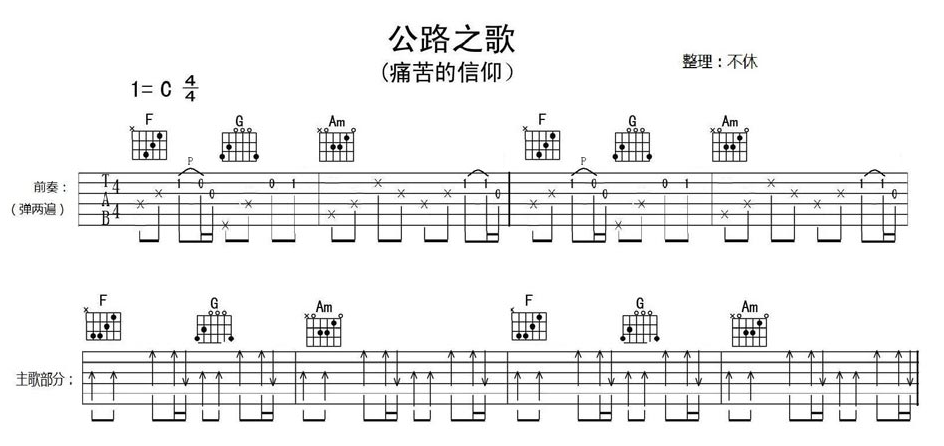 痛仰乐队 公路之歌吉他谱C调 不休弹唱六线谱