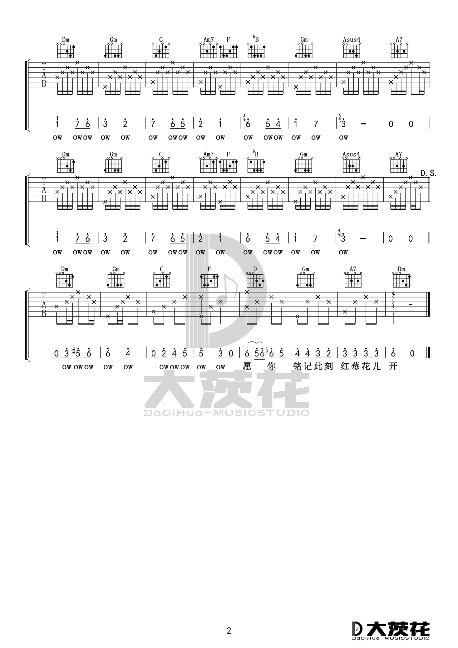 毛不易 红莓花儿开吉他谱F调 大茨花弹唱六线谱
