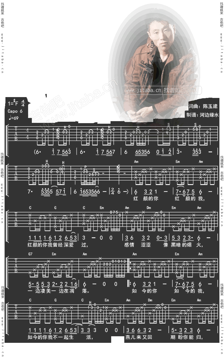 陈玉建 红颜你我吉他谱F调 河边绿水弹唱六线谱