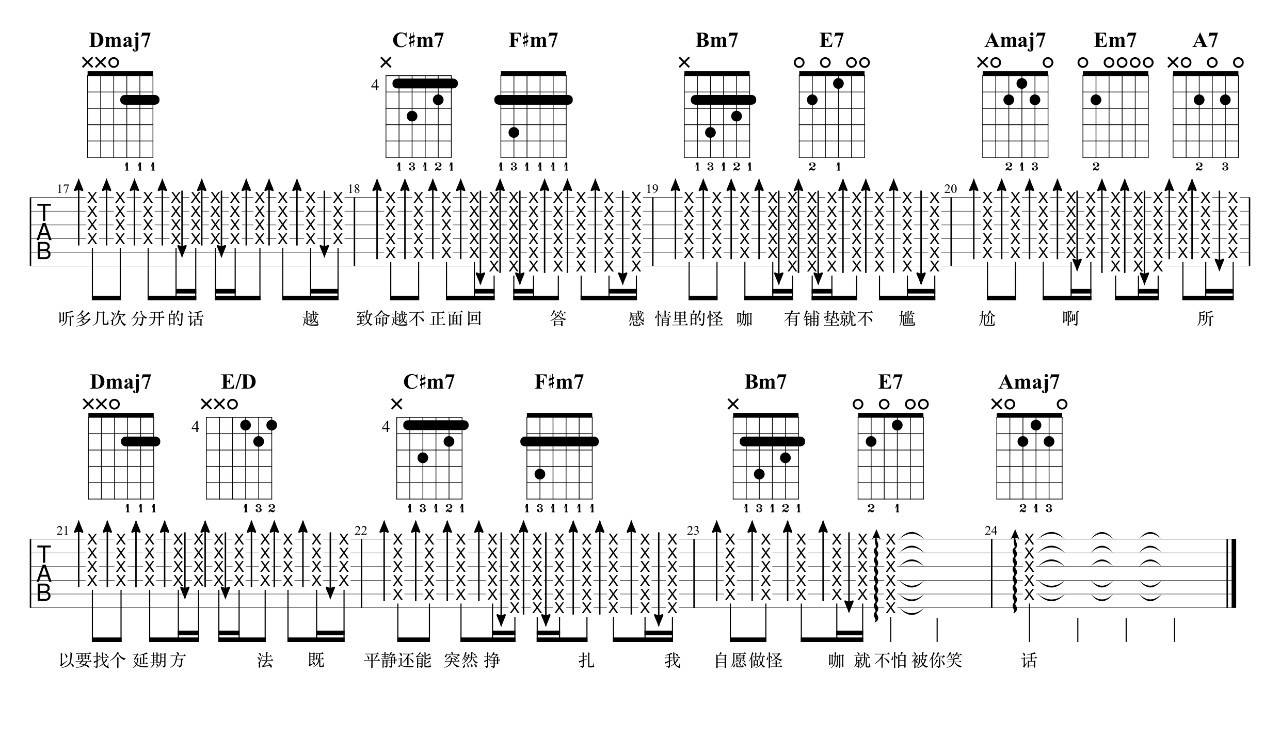 薛之谦 怪咖吉他谱A调 7T吉他教室弹唱六线谱